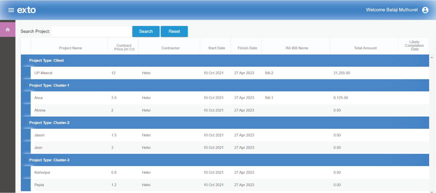 Exto billing project view