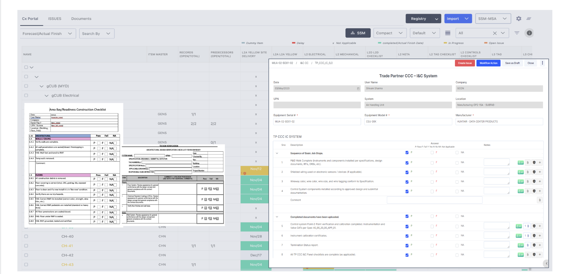 Exto Checklist Digitization &mdash; paper checklists converted to digital forms with Trade Partner CCC, I&C System checklist, and Pass/Fail workflow
